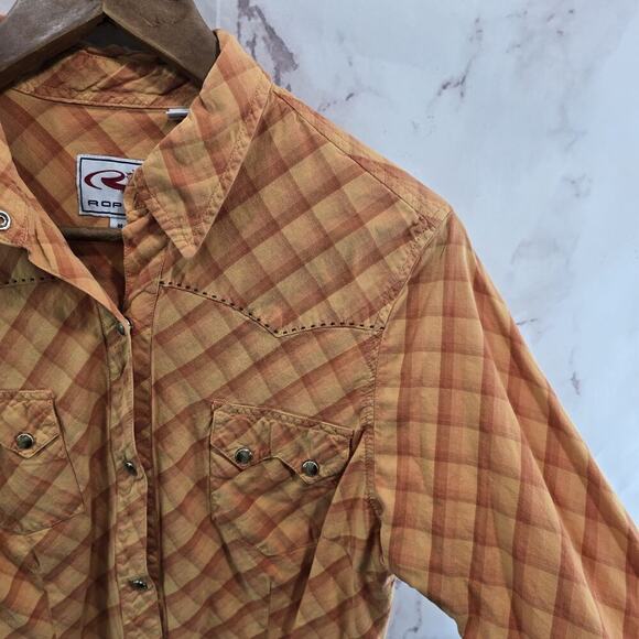 Roper Shirt Womens Medium Orange Button Up Aztec Southwest Vintage Plaid Snap - Picture 13 of 14